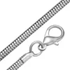 A close-up shot of a silver-colored snake chain necklace with a lobster clasp, isolated on a white background. Produktbild-Vorschau