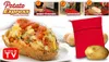 A collage of images showing a baked potato, a red potato cooker bag, and instructional steps for using it. Produktbild-Vorschau