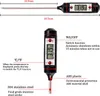 A collage of images showing a digital thermometer with its different parts and features labeled. Produktbild-Vorschau