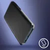 A black flip phone case is shown at an angle against a gradient blue and purple background. A small circular icon with a phone and a shockwave symbol is in the bottom right corner. Voir les images du produit