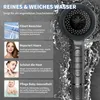 A shower head is shown with text overlays describing its features and benefits for hair, skin, and baby health. Produktbild-Vorschau