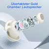 An exploded view of a beige earbud showing its internal components, set against a light gray and white background with abstract wavy lines. Produktbild-Vorschau