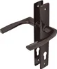 A pair of brown door handles with a rectangular plate and keyholes, shown against a white background. Náhled obrázku produktu