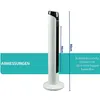 A white and black tower fan is shown in front of a white background. Measurement lines and text are overlaid on the image. Produktbild-Vorschau