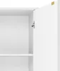 Close-up view of an open white cabinet with a visible shelf and a silver hinge. Produktbild-Vorschau