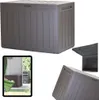 A collage of images showing a large, gray plastic storage box, with close-ups of its lid and interior, and a tablet displaying the box in a garden setting. Produktbild-Vorschau