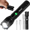 A hand holding a flashlight, with other flashlights and charging cables shown. Náhled obrázku produktu