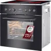 A black electric oven with a glass ceramic cooktop and a tag attached to the oven door. The oven interior is lit. Produktbild-Vorschau