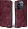 A burgundy flip case for a smartphone is shown from two angles, open and closed. Produktbild-Vorschau