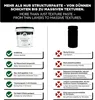 A comparison chart showing the features of a texture paste product, with a product image on the left and a silhouette of a container on the right. Produktbild-Vorschau