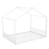 A white metal house-shaped bed frame with a slatted base. Produktbild-Vorschau