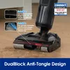 Close-up of a vacuum cleaner head demonstrating its anti-tangle design with instructional text and diagrams. Produktbild-Vorschau