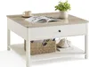A square coffee table with a drawer and a lower shelf, decorated with a plant, a book, a cup, and a decorative shell. Náhled obrázku produktu