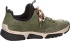 Side view of a green sneaker with a white and red patterned shoelace. Produktbild-Vorschau