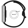 A side view of a smartwatch with a black band, next to a circular graphic indicating minimum and maximum wrist sizes. Produktbild-Vorschau