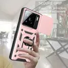 A hand holding a pink phone case with a ring holder and a sliding camera cover. Produktbild-Vorschau