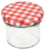 A clear, studio shot of an empty glass jar with a red and white checkered lid. Voir les images du produit