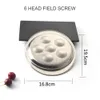 A stainless steel escargot dish with six compartments sits on a black rectangular base. Dimensions are indicated with measurement lines. Produktbild-Vorschau