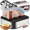 A collage of an egg cooker with eggs, accessories, and packaging. Náhled obrázku produktu