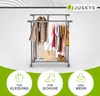 A metal garment rack with clothes, a bag, and shoes displayed, with promotional icons at the bottom. Podgląd zdjęcia produktu