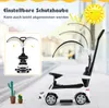 A white ride-on car with a push handle, shown outdoors with a sunny sky illustration and text overlays. Produktbild-Vorschau
