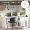 A white L-shaped desk with a laptop, monitor, and chair in a home office setting. Produktbild-Vorschau