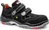 A black safety sandal with red and gray accents, shown from a side-angle on a white background. Produktbild-Vorschau