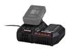 A black battery charger with a gray battery inserted, shown against a white background. Produktbild-Vorschau