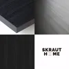 A collage of four images showing different views and textures of a black wooden table, with a logo in the bottom right corner. Produktbild-Vorschau
