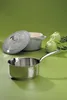 A stainless steel saucepan and a lidded cast iron pot are arranged on a green surface, with some vegetables in the background. Anteprima dell’immagine prodotto
