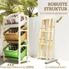 A wooden crate rack with three levels, holding various crates filled with bottles, set against a white wall with palm trees in the background. A separate wooden frame is shown next to it. Produktbild-Vorschau