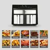 A dual-chamber air fryer with multiple food images showcasing its cooking capabilities. Produktbild-Vorschau