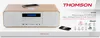 A Thomson micro-system with a smartphone charging on top, presented on a white surface with marketing text and icons. Produktbild-Vorschau