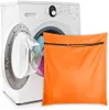 A white washing machine with its door open, and an orange laundry bag in front of it. Produktbild-Vorschau