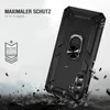 A black phone case with a ring holder is shown in a dynamic pose, with debris falling around it, suggesting durability and protection. Produktbild-Vorschau