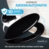 A black toilet seat and lid are displayed, with marketing text and a warranty badge. Náhled obrázku produktu