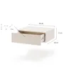 A floating bedside table with an open drawer, showing dimensions. Produktbild-Vorschau