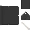 A rolled-up black balcony privacy screen with grommets and a rope, shown with close-up views of the fabric texture and a corner grommet. Voir les images du produit