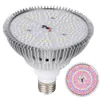 A close-up, studio shot of a grow light bulb with a white base and a silver, finned heat sink. The top of the bulb has many small LED lights. Produktbild-Vorschau