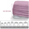 A diagram showing different bed sizes with their corresponding dimensions, overlaid with a pink bedsheet. Produktbild-Vorschau
