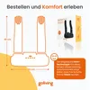 A marketing image showing a shoe dryer with dimensions and features. Produktbild-Vorschau