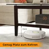 A robot vacuum cleaner is shown cleaning under a coffee table, demonstrating the clearance height. Anteprima dell’immagine prodotto