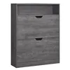 A front view of a gray wooden shoe cabinet with two flip-down drawers and an open shelf at the top. Produktbild-Vorschau
