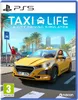 The image is a video game box art for 'Taxi Life: A City Driving Simulator' on PlayStation 5. It features a yellow taxi cab in the foreground with a driver and a passenger hailing the cab. The background shows a city skyline with palm trees. Produktbild-Vorschau