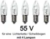 Five clear, candle-shaped light bulbs with silver bases are arranged in a row against a white background. Text below the bulbs indicates specifications and intended use. Produktbild-Vorschau