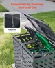 A close-up of a gray metal trash can enclosure with two compartments, one containing green waste and the other containing general waste. The lids are open, revealing metal chains attached to them. Náhled obrázku produktu