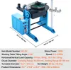 A blue welding positioner with a turntable and control box, shown on a white background with dimensions and specifications overlaid. Podgląd zdjęcia produktu