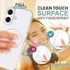 A woman is smiling and holding a phone with a clear case. The image highlights the features of the phone case. Produktbild-Vorschau