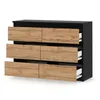A black dresser with six drawers, featuring a wood grain finish on the drawer fronts. Some drawers are partially open, revealing white drawer interiors and metal runners. Produktbild-Vorschau
