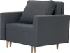 A gray armchair with a single cushion and wooden legs, shown from a side-angle on a white background.